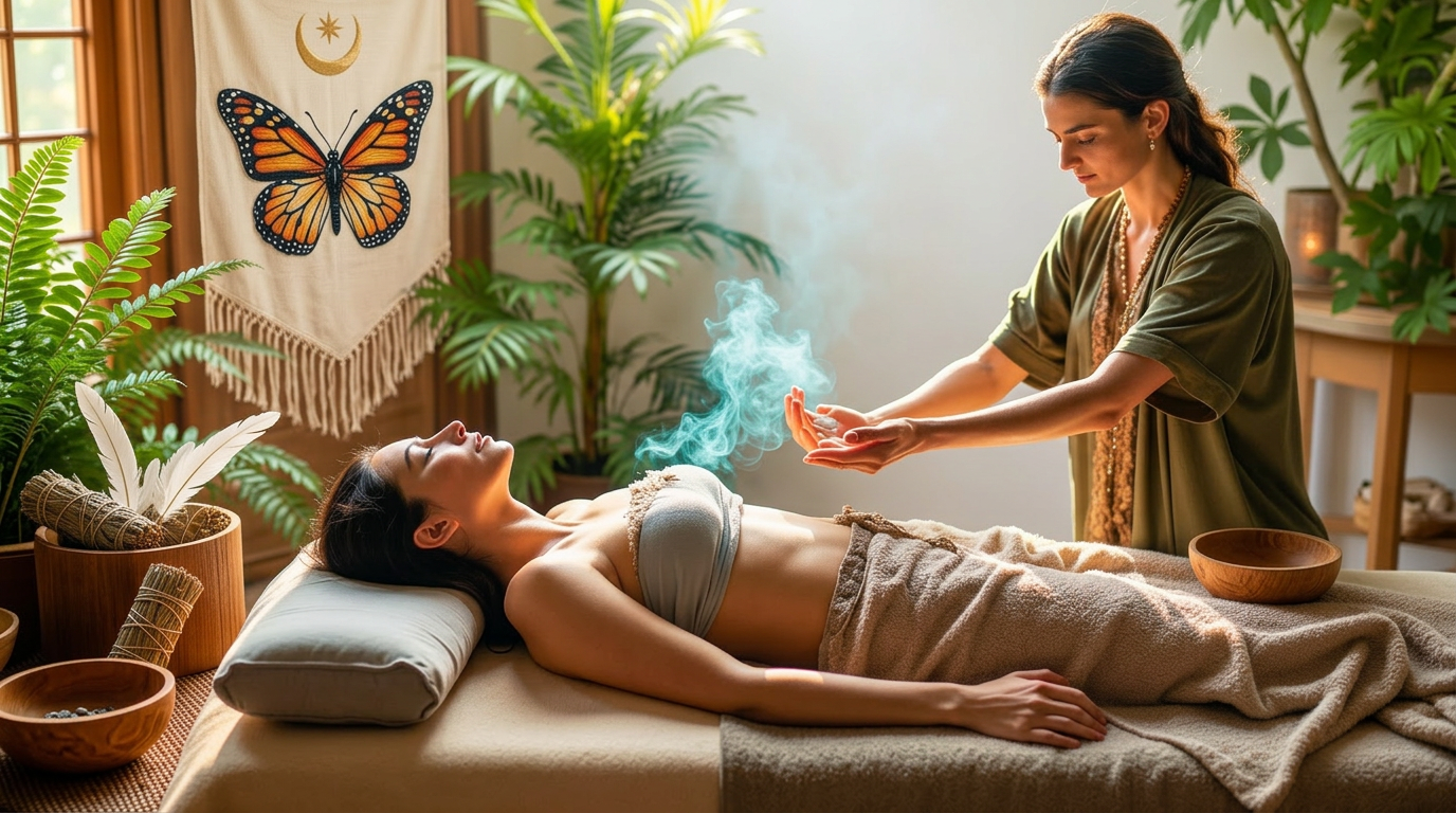 Energy healing session with hands channeling energy above a client